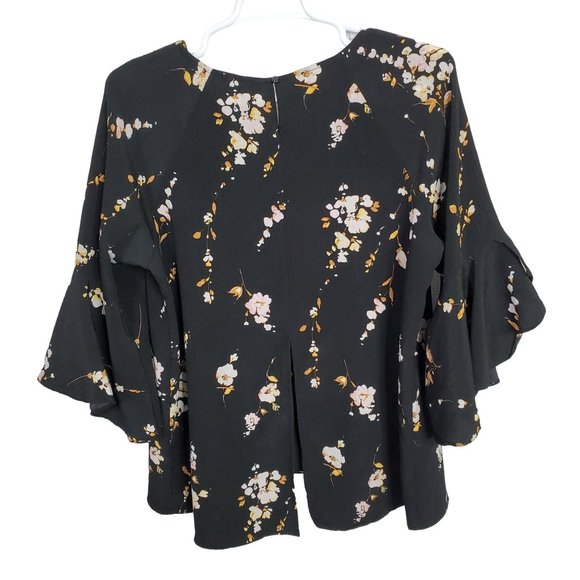 Lauren Conrad Sz 1X Blouse Floral Crinkle Flared Tulip Sleeves Back Slit Black - Picture 3 of 10